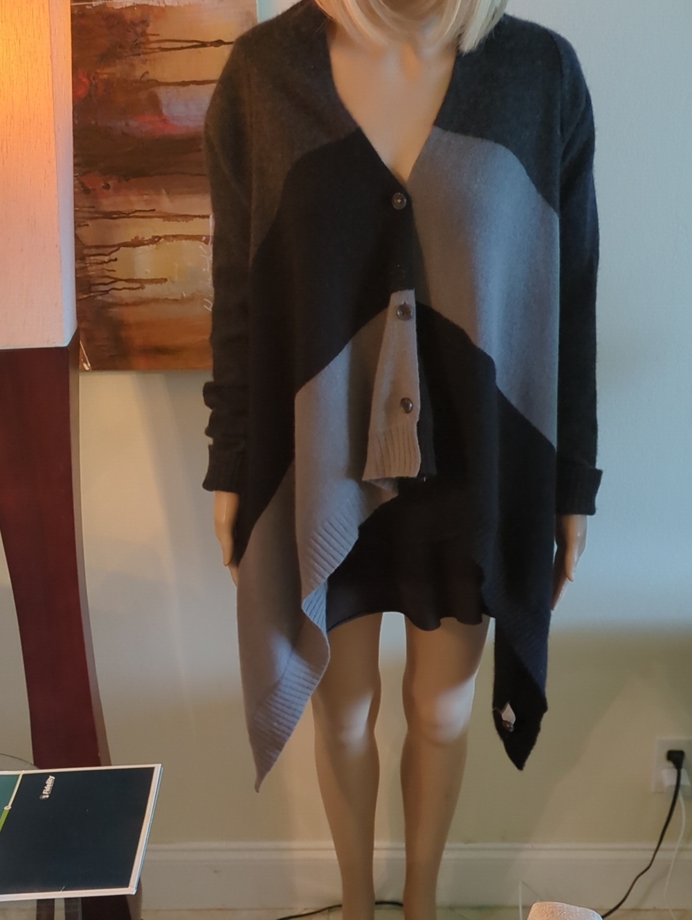 Colorblock Asymmetrical Button-Front Poncho Sweater - Black & Gray, Size S.